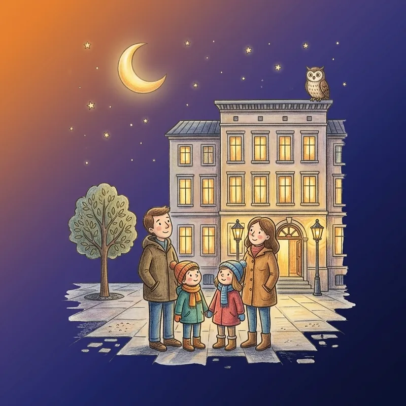 Aquarell-Illustration: Familie vor beleuchtetem Gebäude bei Nacht mit Mond und Sternen
