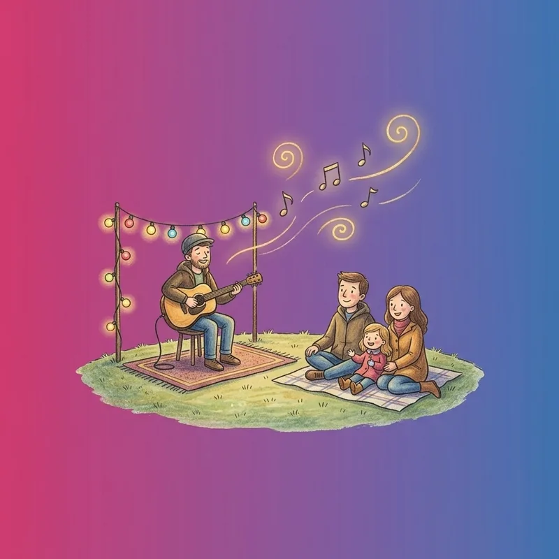 Aquarell-Illustration: Straßenmusiker mit Gitarre und Lichterketten, Familie hört zu