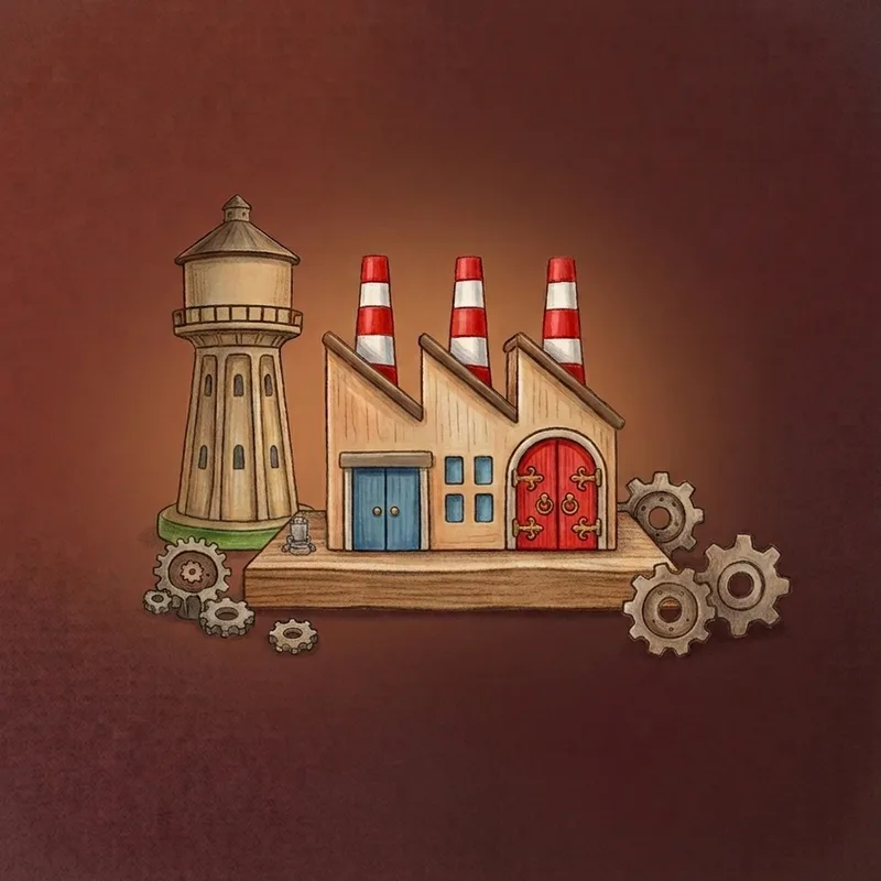 Aquarell-Illustration: Fabrikgebäude mit Wasserturm und Zahnrädern