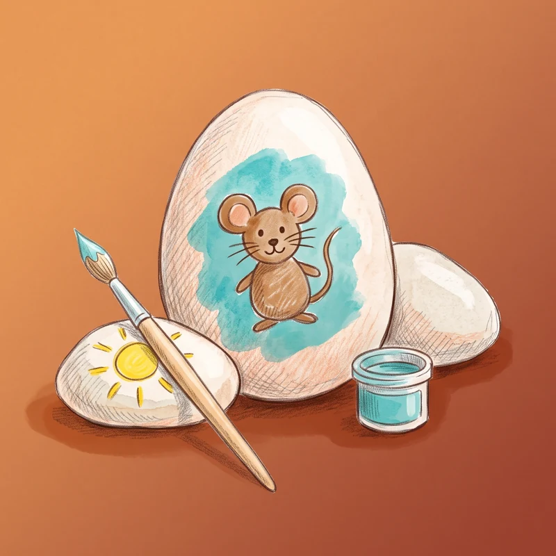 Illustration: bemalte Steine mit Maus und Sonne, daneben ein Pinsel und ein Töpfchen türkise Farbe