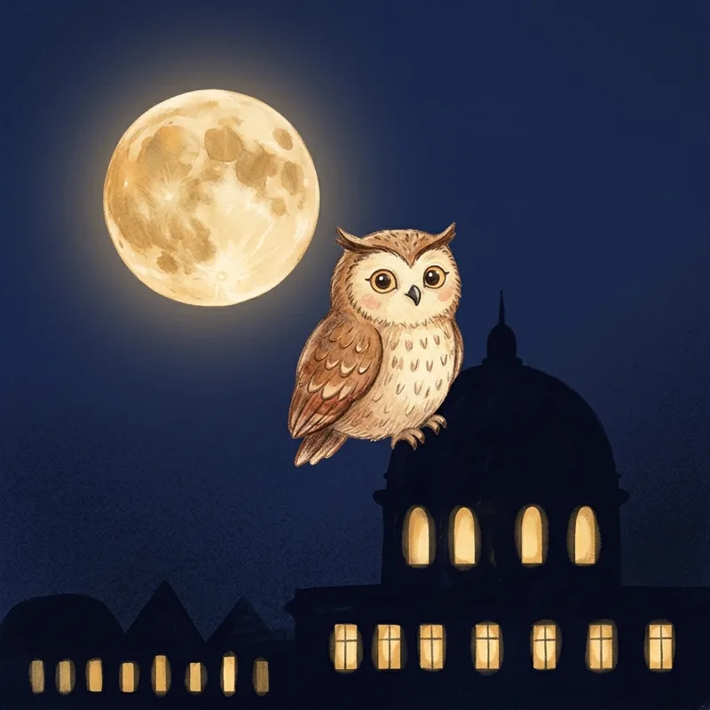 Aquarell-Illustration: Eule auf Berliner Museums-Dachsilhouette bei Nacht