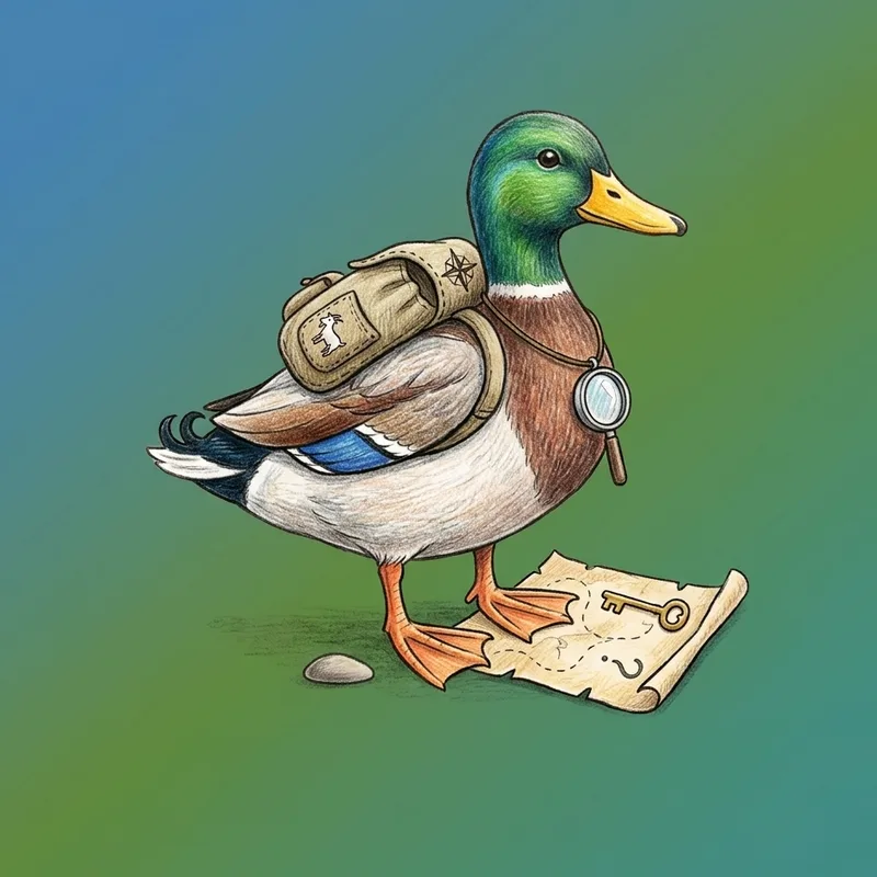 Aquarell-Illustration: Entdecker-Ente mit Rucksack, Kompass und Schatzkarte