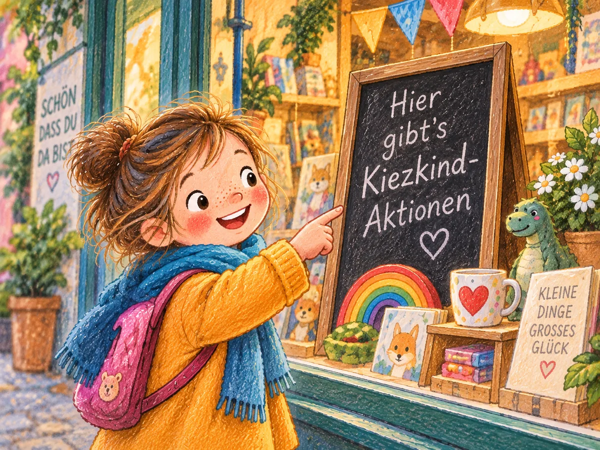 Ein Kind zeigt lachend auf eine Kreidetafel vor einem Laden: „Hier gibt's Kiezkind-Aktionen“